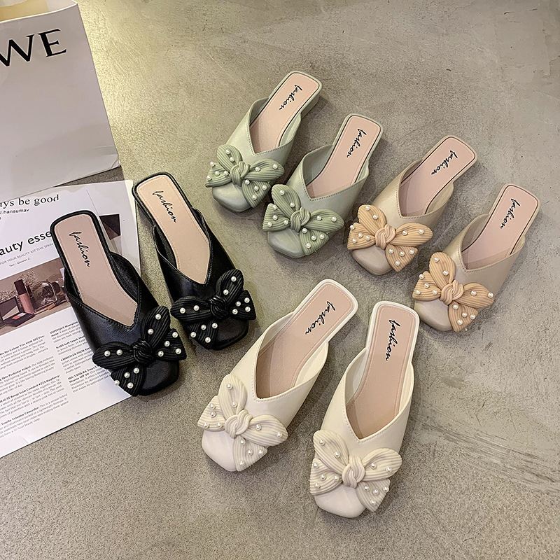 2021春秋新款珍珠半拖鞋女舒适粗跟休闲凉鞋 韩版包头懒人凉鞋拖