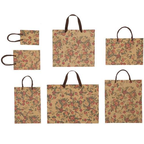 Rose-patterned paper bags, vintage kraft paper tote bags, clothing store shopping bags, gift bags, face mask bags, shoe store paper bags.
