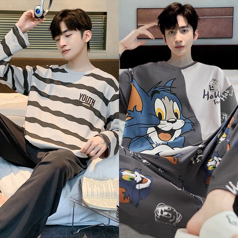 Ready-Made Pajamas for Men, Spring and Autumn Pullover Long-Sleeved Autumn and Winter Thin Styles That Can Be Worn Outside, Casual Men's Suits, Home Clothes