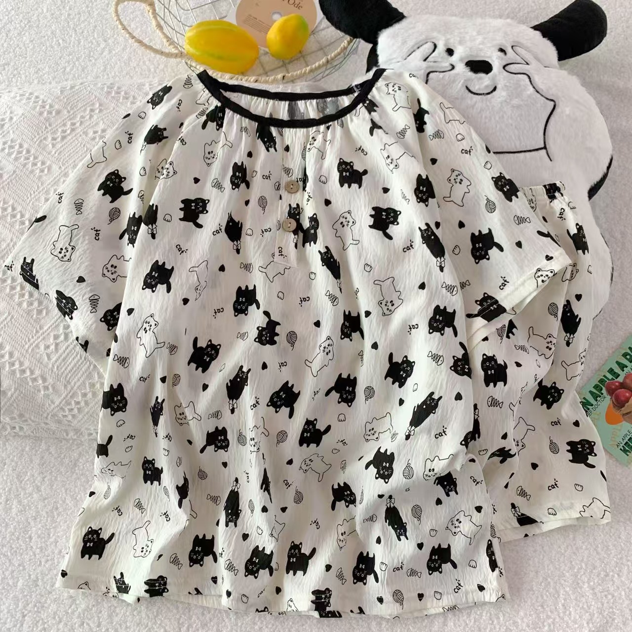 Venta al por mayor transfronteriza de nuevos pijamas de algodón de nube para mujer pantalones cortos de manga corta de verano con cuello redondo bordado dulce y simple servicio a domicilio