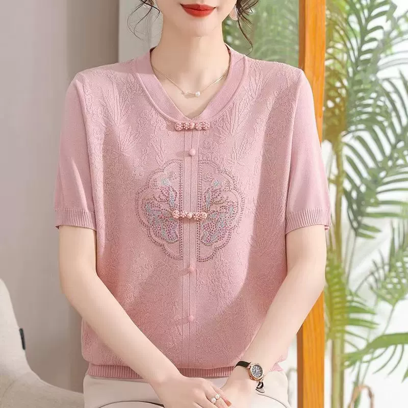 妈妈装夏季短袖上衣中年女士薄款针织衫新中式国风女式婆婆打底衫