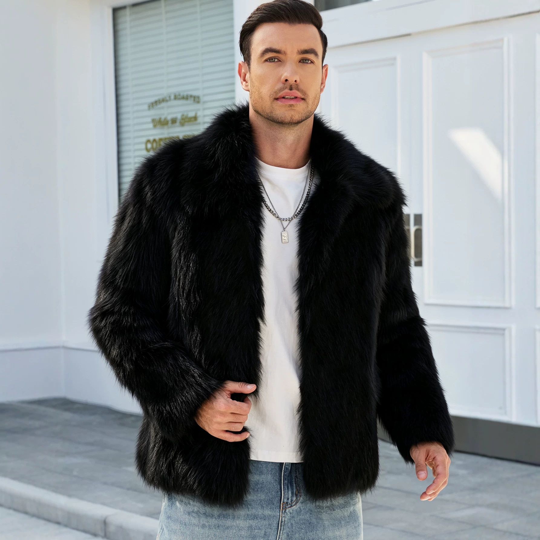 N0197 European and American cross-border fashion men's faux fur lapel jacket, foreign trade warm faux fox fur, new autumn and winter model