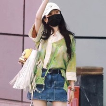 杨幂同款新中式国风绿色立领斜襟系带衬衫女夏季薄款宽松显瘦上衣