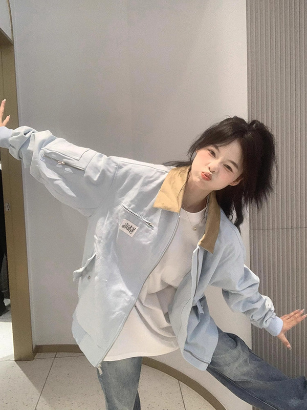 美式复古外套女春秋2025新款潮牌撞色翻领宽松情侣夹克棒球服开衫|undefined