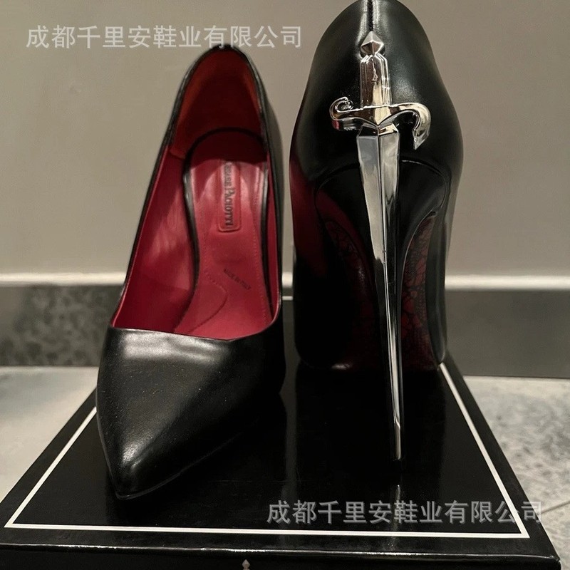 欧美大码真皮高级感走秀款通勤职业高跟鞋女细跟浅口尖头宝剑单鞋|undefined