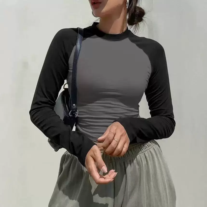 跨境外贸长袖健身撞色褶皱打底长袖t恤女运动紧身款打底衫上衣女T