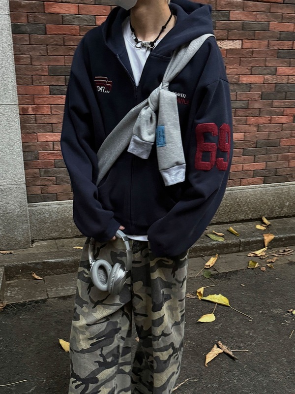 美式复古重磅刺绣连帽开衫卫衣男女款春秋季潮牌高街宽松休闲外套|undefined