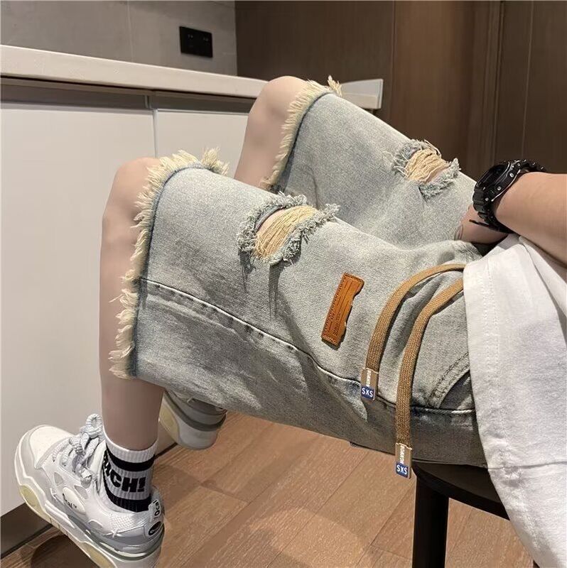 Raw Edge Ripped Denim Shorts Men's Summer Thin Loose Retro American High Street Pants Trendy Brand Handsome Five-Point Pants