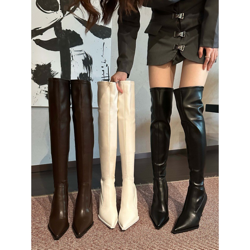 여성용 무릎 위 부츠 2025 새로운 스타일 뾰족한 발가락 스틸레토 한국 스타일 다용도 하이힐 탄성 슬림 부츠 화이트 부츠