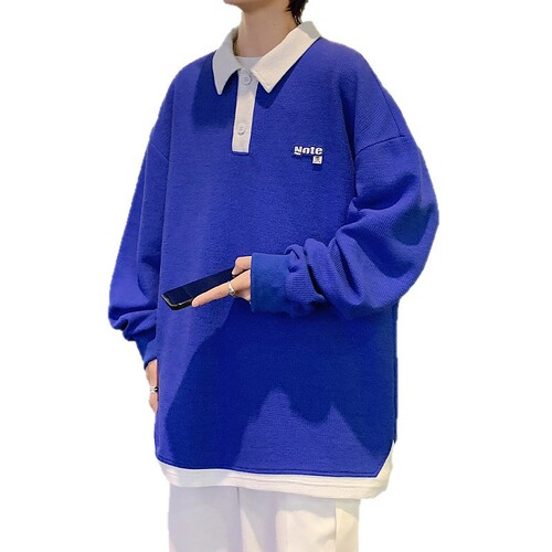 Cross-border 2025 Spring and Autumn New Men's Polo Shirt Collar Long Sleeve T-shirt Contrast Color Couple Base Shirt Loose