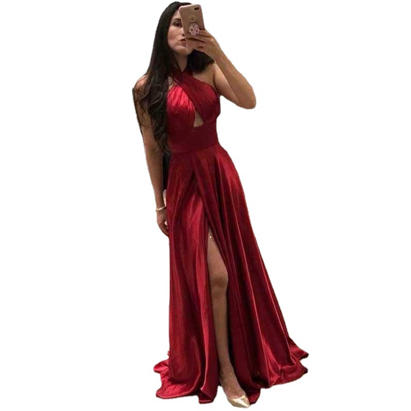 El comercio exterior de Europa y América Amazon AliExpress deseo de las mujeres vestido de noche Halter Vestido de satén vestido largo sexy hendidura