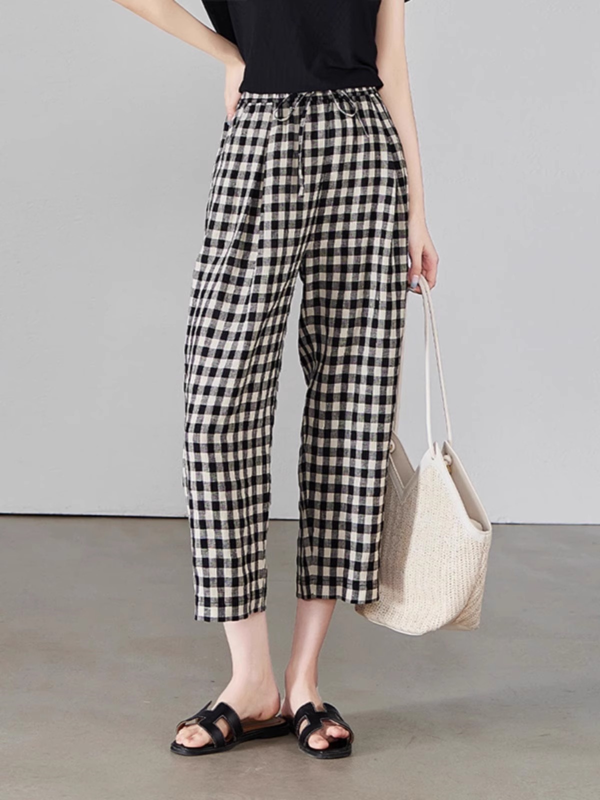Quần ống thẳng kẻ sọc chín điểm dáng người nhỏ cotton mùa hè mỏng giản dị quần ống thẳng kẻ sọc tám điểm A5225 — Caro đen trắng