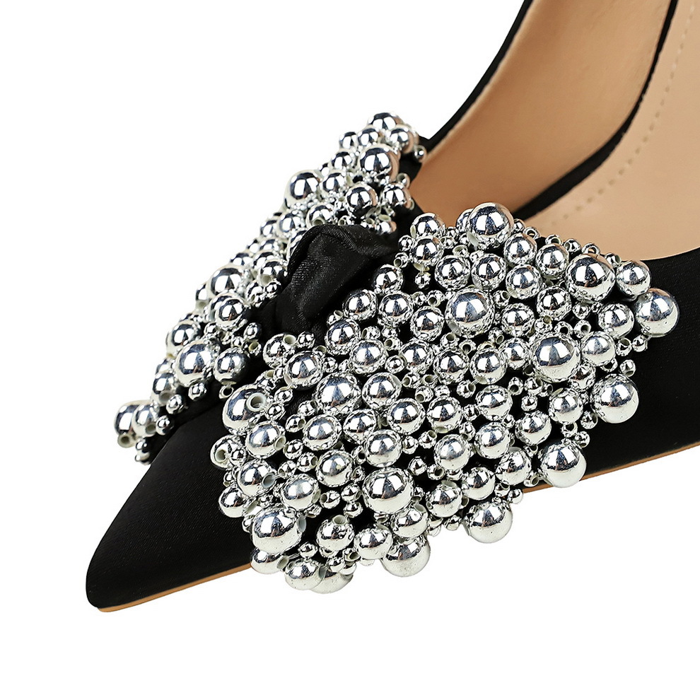 1983-H60 Korean Style Elegant Bowknot Thin Super Satin Light Luxury Pointed Toe Shallow Mouth High Heel Single Shoes_vogvips.com