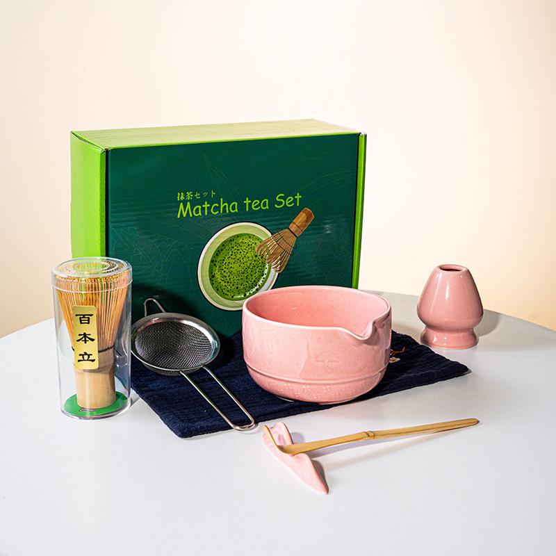 FJT 버섯 입이 있는 직선 그릇 핑크 7종 세트(짙은 녹색 컬러 박스 + 블루 티 타월)