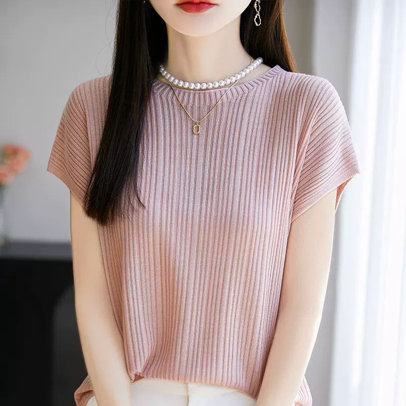 法式莱赛尔天丝针织小飞袖t恤女25夏季新款显瘦百搭圆领上衣内搭