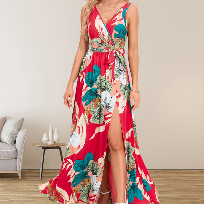 Amazon European and American women's clothing 2024 Summer new double V-neck sleeveless slit printed long sling dress women Amazon European and American women's clothing 2024 Summer new double V-neck sleeveless slit printed long sling dress women