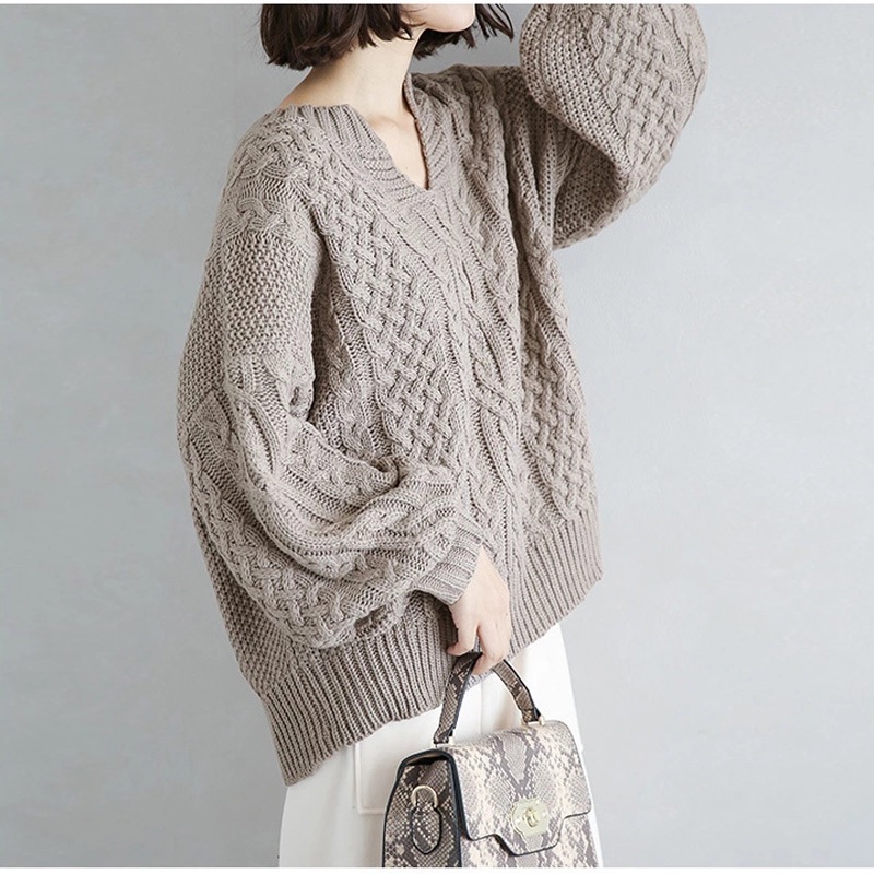 日韓vネックプルオーバー2023新型純色ニット麻花灯籠袖麻花セーター痩せ上着