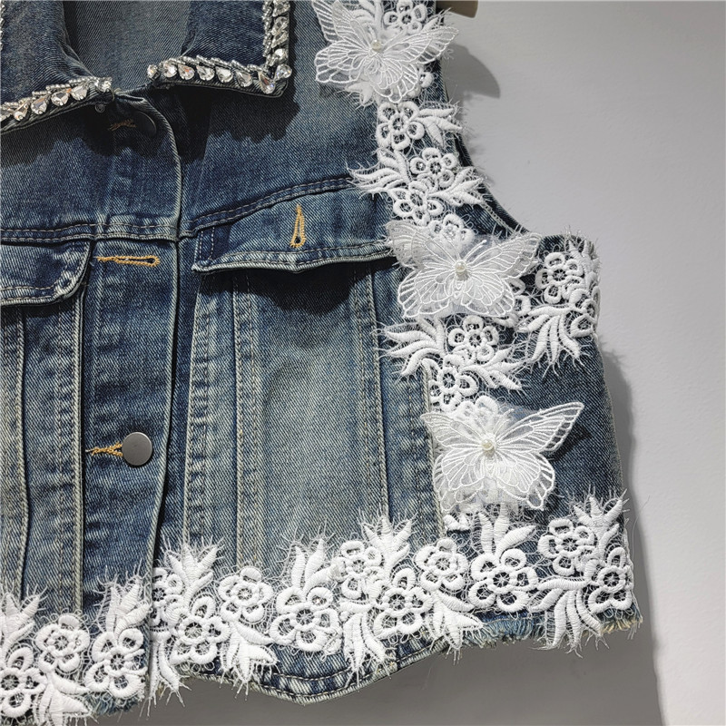 Europa y América de moda industria pesada diamantes tridimensionales chaqueta de vaquero de flores de lujo ligero chaleco sin mangas de alta calidad image 4