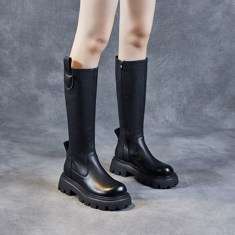 Высокие сапоги из воловьей кожи верхнего слоя, женские сапоги на толстой подошве, рыцарские сапоги на среднем каблуке с круглым носком, зимние сапоги, модные повседневные сапоги из натуральной кожи