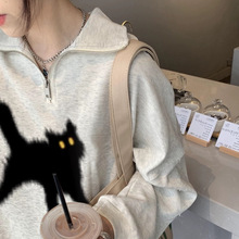 复古卡通卫衣女春秋长袖2023新款学生polo领宽松半拉链上衣外套潮