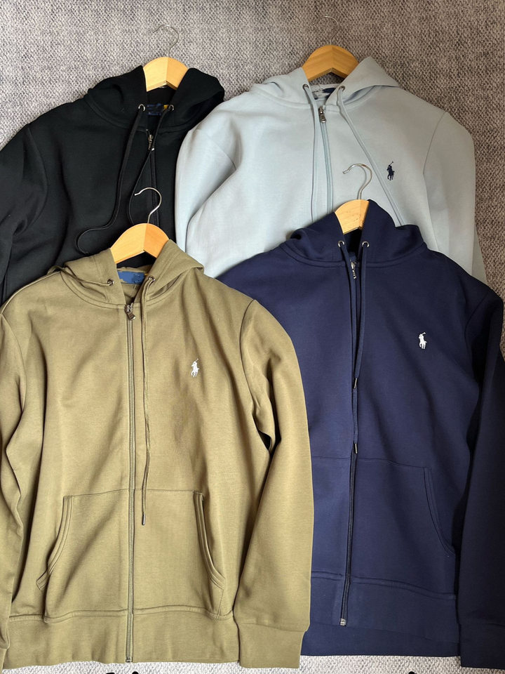 Áo khoác hoodie kéo khóa thêu hình ngựa nhỏ, form rộng, dài tay — Màu xanh tím than, Xanh da trời, Xanh lá cây, màu xám