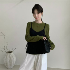 苏珊 初秋女装纯色针织背心吊带两件套法式别致长袖外搭上衣27717