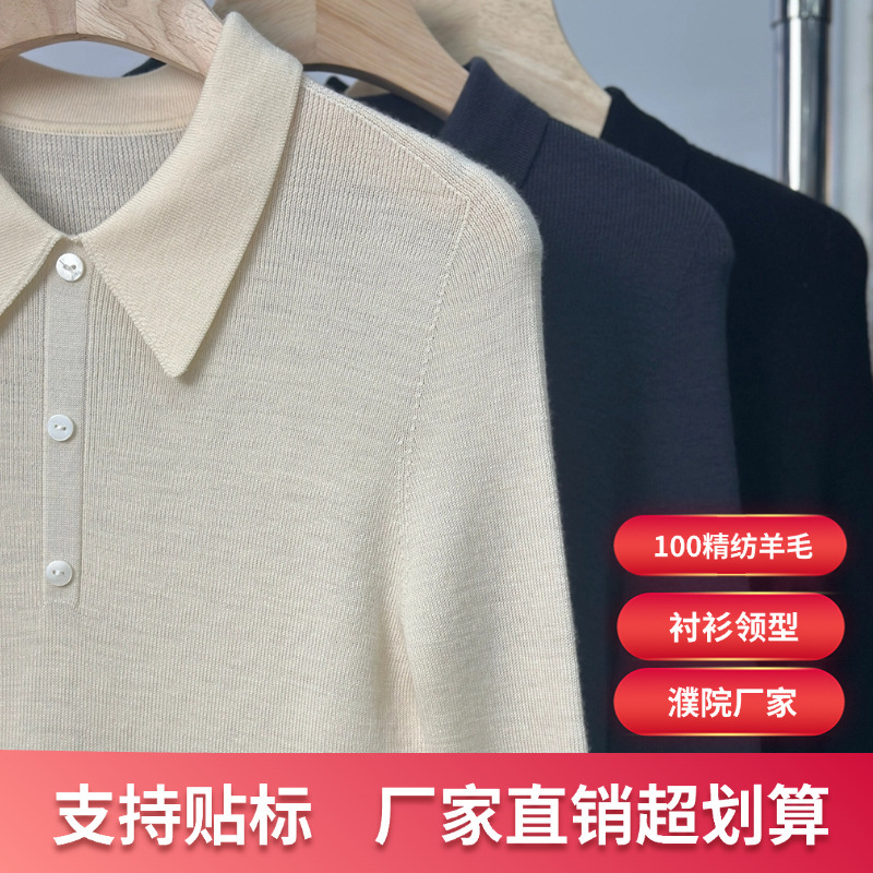 Polo Shirt Collar Puyuan Sweater Knitted Wool Sweater for Women 100% Wool Spring and Autumn Top Inner Layer Fine-Spun Merino