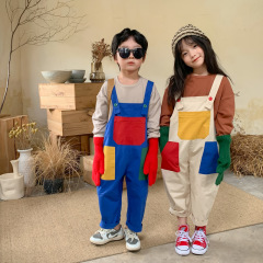 Children's trousers 2024 spring style boys and girls Korean version contrasting patch overalls children's colorful large pocket pants end Xiaomeng
