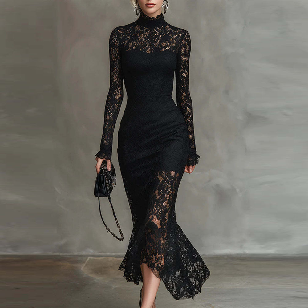 European and American Cross-Border Luxury Elegant Long-Sleeve Party Dress, Independent Brand Autumn and Winter High-Waisted Slim-Fit Bodycon Long Dress for Women
