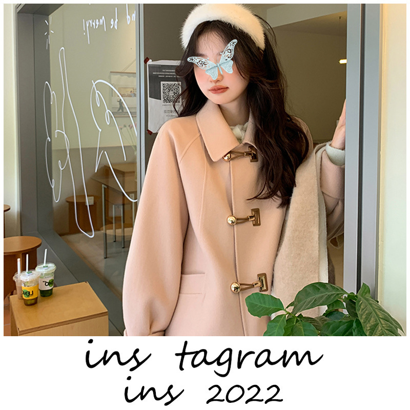 2024 새로운 양면 캐시미어 코트 여성 한국식 인형 칼라 중간 길이의 느슨한 서양식 모직 코트