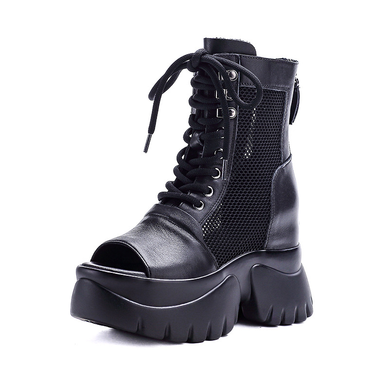Sandal da bò cao gót 9 cm quai buộc dây hở mũi — màu đen