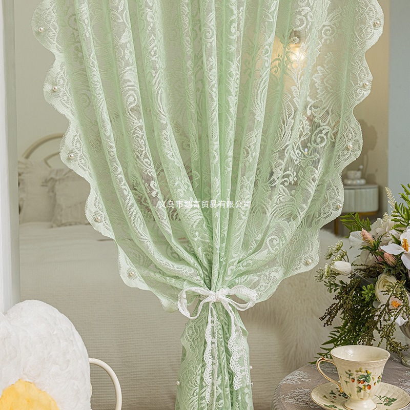 Green Lace Window Screen Punch-Free French Gauze Curtain Velcro Decoration Bay Window Bedroom Balcony Curtain Blackout Installation