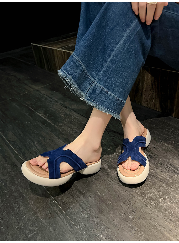 Dép sandal nữ xỏ ngón đế dày chống trượt mùa hè form H êm chân — xanh lam, nâu sẫm chi tiết 7