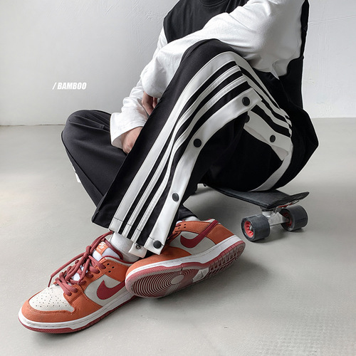 Ins-style streetwear side-button wide-leg pants for men, loose-fitting, versatile, student-friendly, straight-leg autumn trend—striped, ankle-tied sweatpants