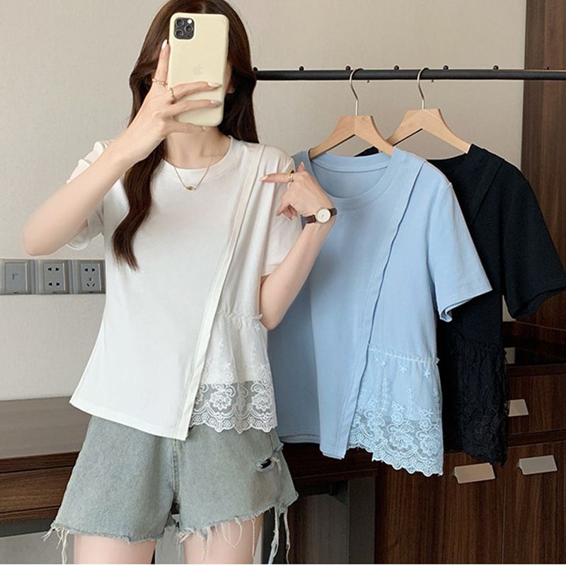 Pure Cotton Chic Lace Patchwork Irregular Short-Sleeve T-Shirt for Women, Summer Plus-Size Slimming Top That Hides the Belly, Regular Shoulder Fit