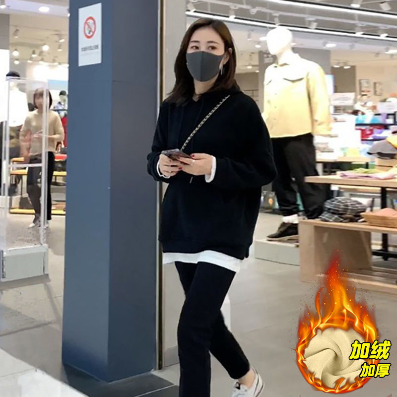 卫衣女秋冬季宽松连帽中长款大码显瘦新款加绒加厚假两件上衣减龄|undefined