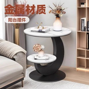 Simple Modern Rock Board Side Table for Living Room and Balcony Double-layer Small Round Table Creative High-end Sofa Side Table Small Coffee Table