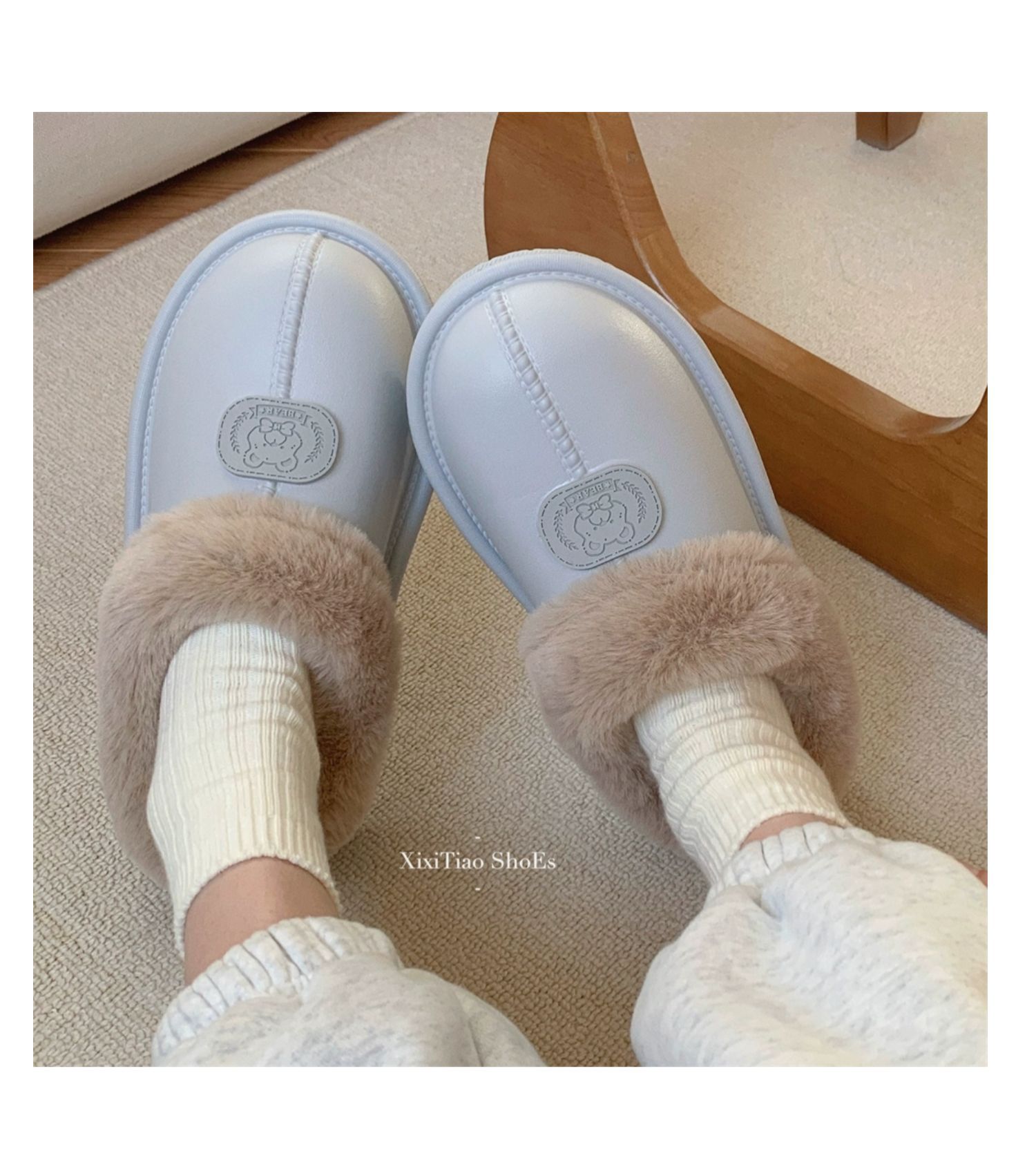 Korėjietiško stiliaus madingi drabužiai viduje ir lauke su pašiltinimu ir patogiomis medvilninėmis šlepetėmis, pliušiniu minkštu padu, paprasti_voghion.com