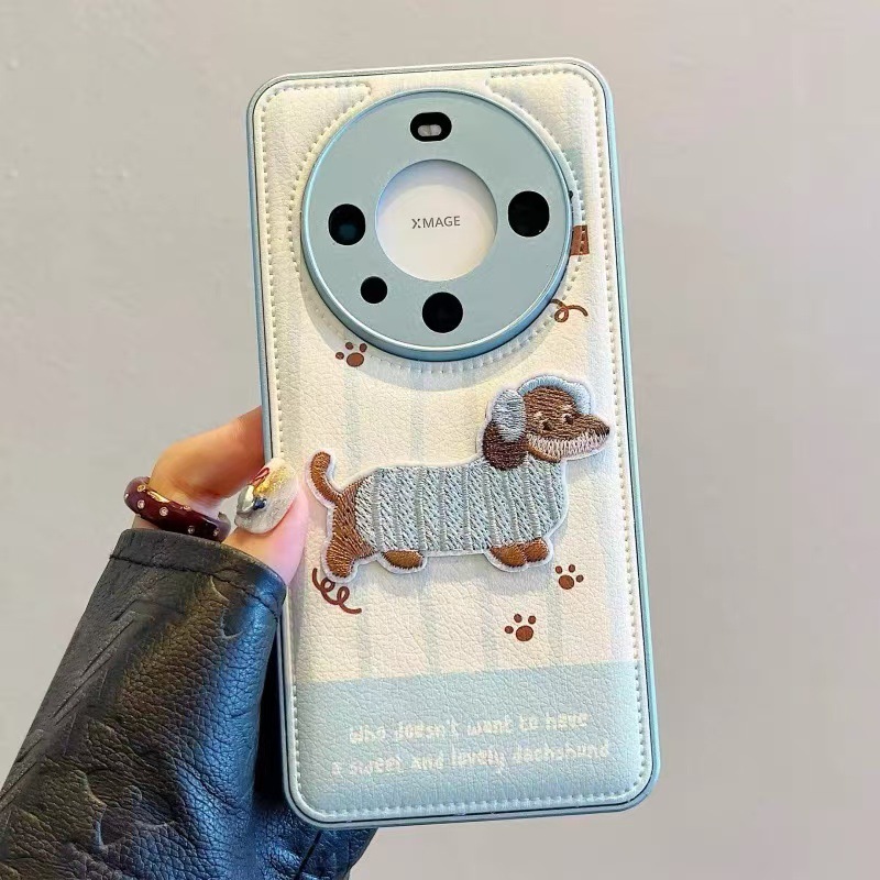 Perro salchicha bordado a rayas azules estilo ins para Huawei Mate60Pro funda para teléfono móvil P70 hembra 70Pro nuevo