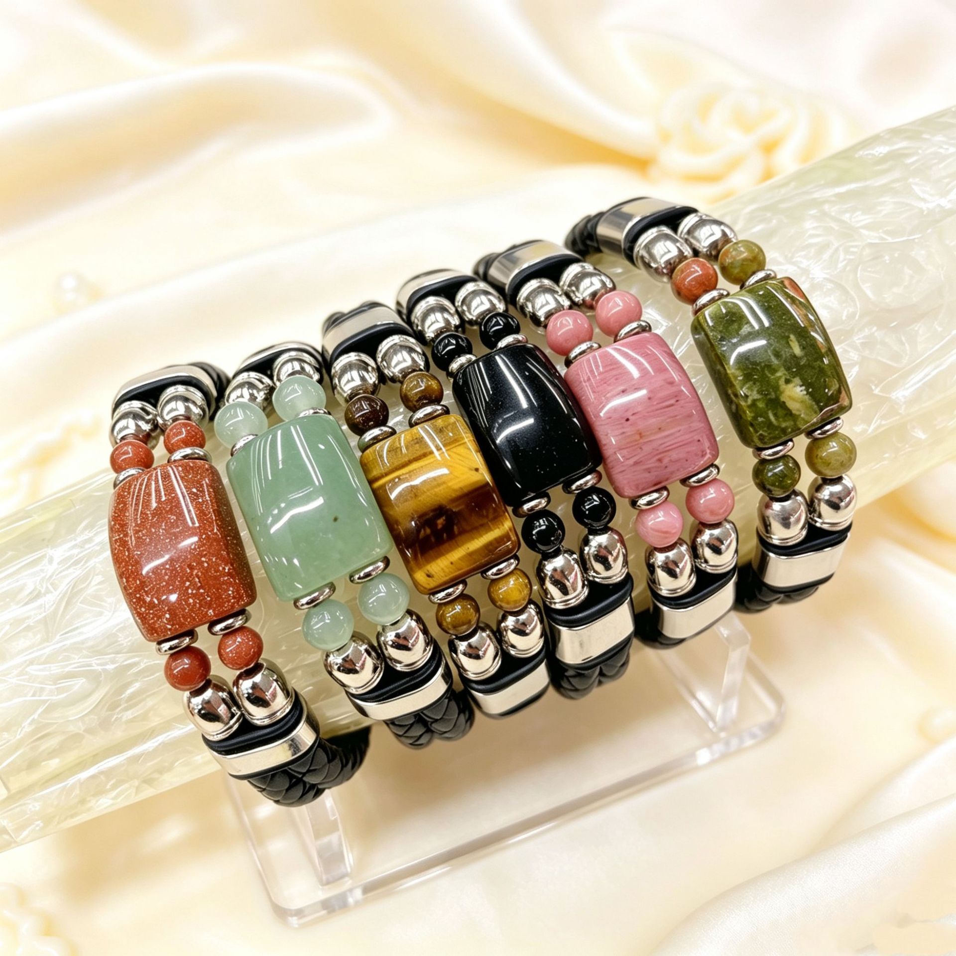 European and American Best-Selling Amazon Woven Tiger Eye Leather Rope Bracelet with Magnetic Clasp and Stainless Steel Buckle, Cross-Border Trade Jewelry