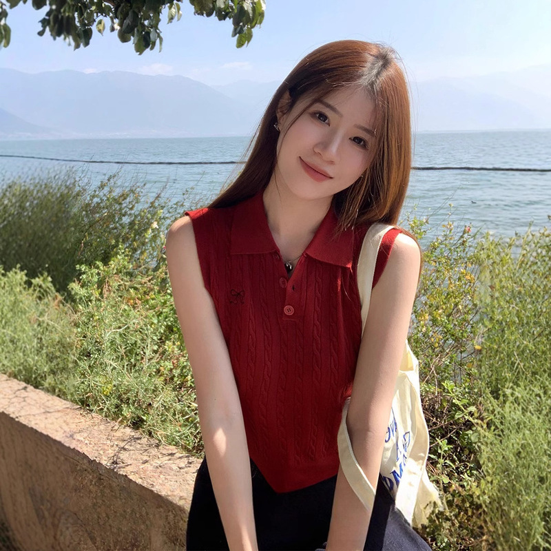 Knitted Vest Women's Summer Outer Wear 2025 New Sleeveless Polo Neck Small Top