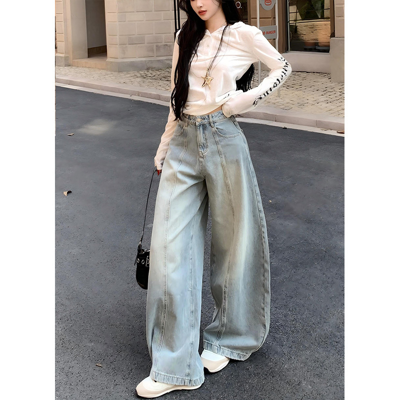 潮流浅色宽松阔腿牛仔裤女2025年早秋新款高腰百搭休闲拖地弯刀裤|undefined