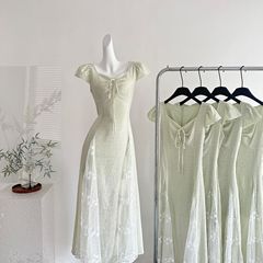 「Xinxing」カットケーキ自家製小柄な夏の女性の気質痩身ファッションドレス優しいグリーン中空ロングスカート