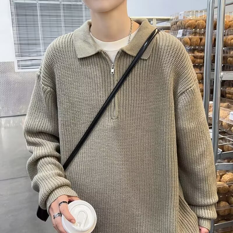 Light Mature Style Knitted Polo Shirt for Men, American Retro Loose Half-Zip Long-Sleeve Top, High-End Turn-Down Collar Sweater Jacket Light Mature Style Knitted Polo Shirt for Men, American Retro Loose Half-Zip Long-Sleeve Top, High-End Turn-Down Collar Sweater Jacket