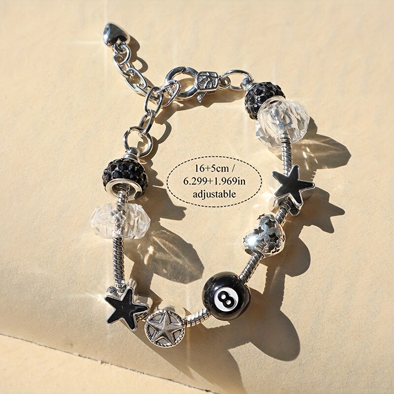 Amazon Hot Sale Fashion Panjia Silver DIY Black Number 8 Ball Charm Bracelet Street Rock Vintage Star Bracelet