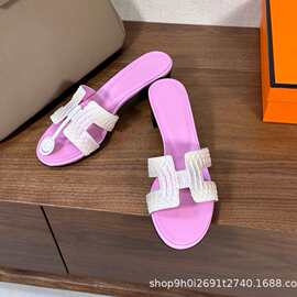 冰川蓝樱花粉新白掌纹 夏真皮高跟凉拖鞋女外穿粗跟一字拖中跟