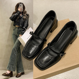 Super Soft Retro Square Toe Shallow High Heel Small Leather Shoes 2024 French Genuine Leather Thick Heel Mary Jane Shoes for Women