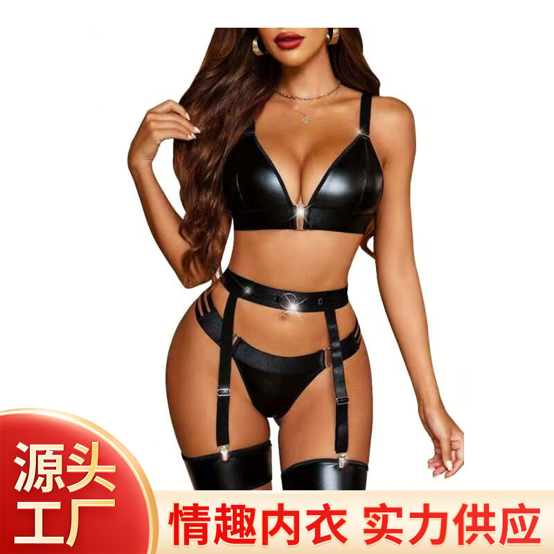 2025 European and American Nightclub Dance Queen Pu Leather Garter Bra and Panties Sexy Intimates Set Sexy Set