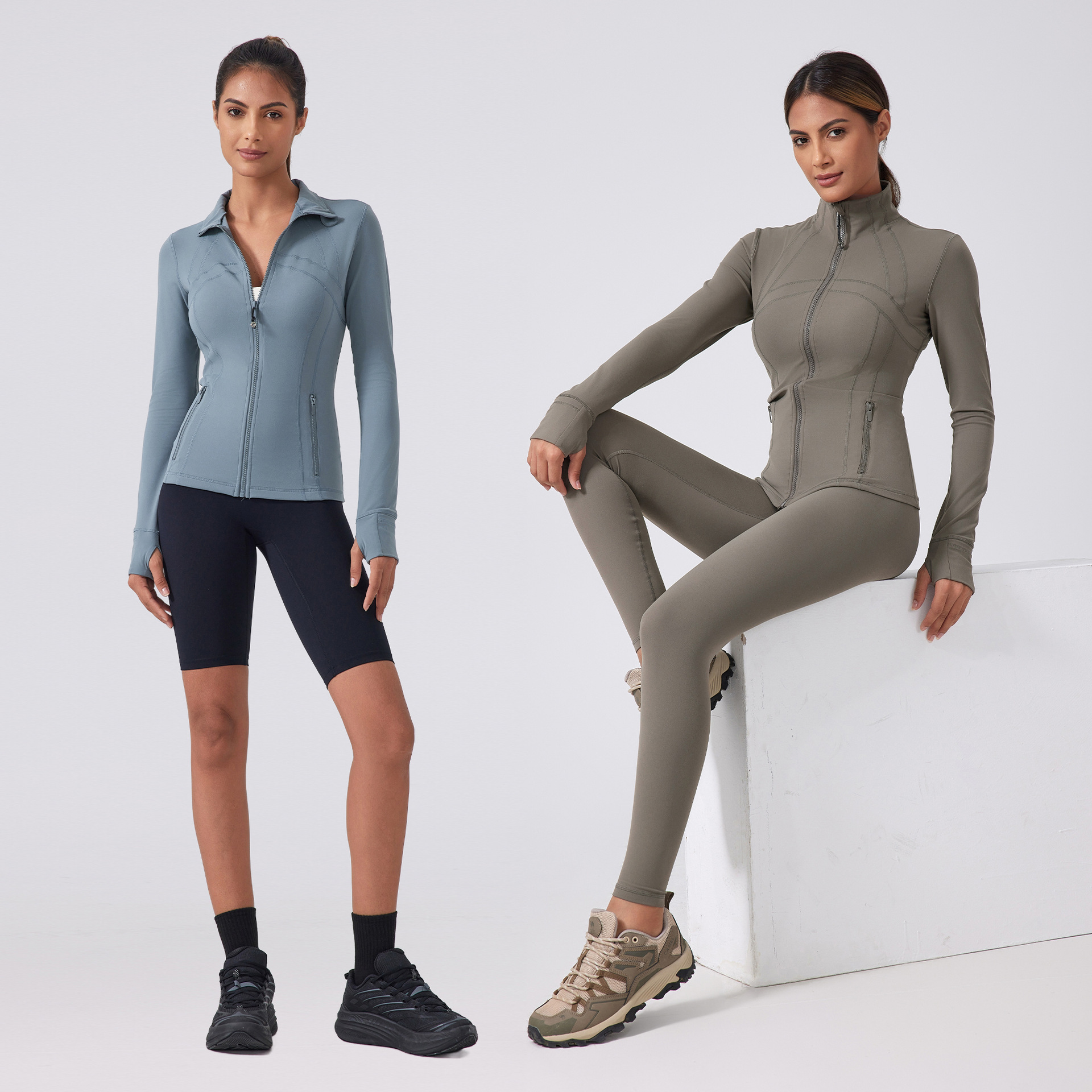 (2개) 새로운 셰이핑 스포츠 재킷 여성용 탄성 스탠드 칼라 피트니스 재킷 러닝 요가 탑 DAW182