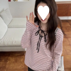 韩系穿搭粉色条纹圆领长袖T恤女秋季宽松慵懒显瘦针织打底衫上衣